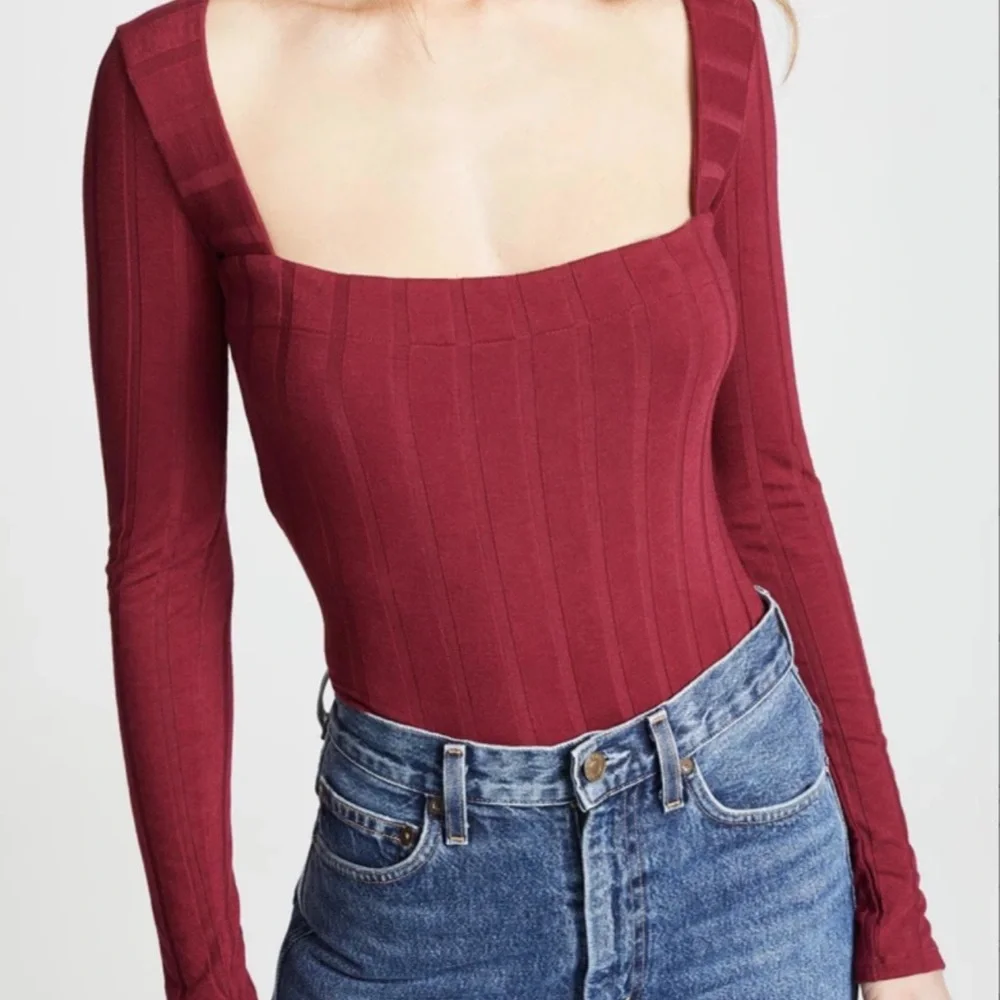 FREE PEOPLE INTIMATELY WINE RED LONG‎ SLEEVE BESIDE ME RIBBED THONG BODYSUIT S